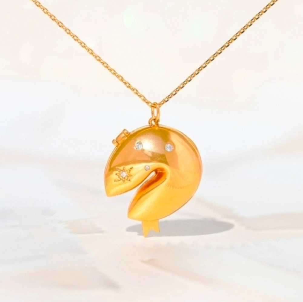 18K Gold Plated Fortune Cookie Locket Necklace Lucky Charm Jewelry